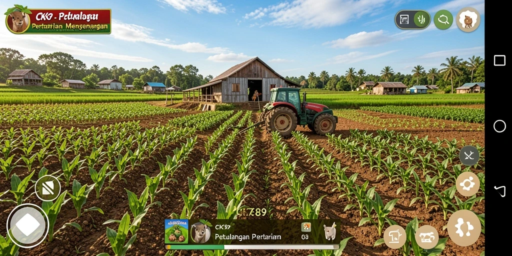 Screenshot gameplay CK789 yang menunjukkan kebun dan peternakan yang luas.