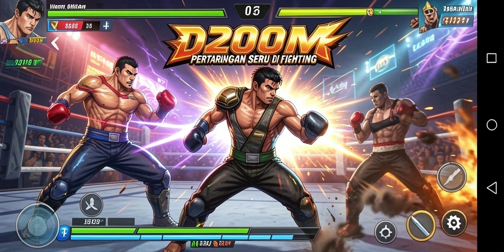 Gameplay D200M yang mendebarkan dengan karakter bertarung di arena.